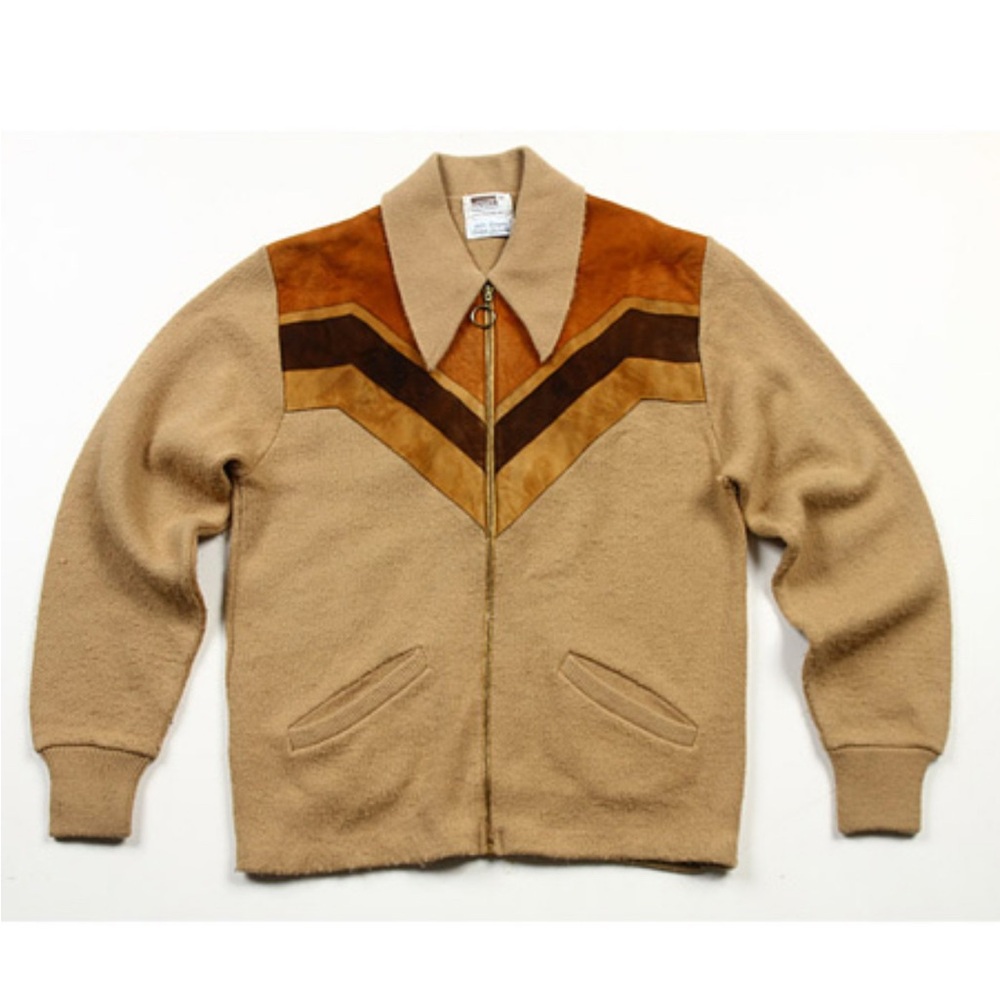 Men's Tan 70s Vintage Suede & Knit Zip-Up Sweater
